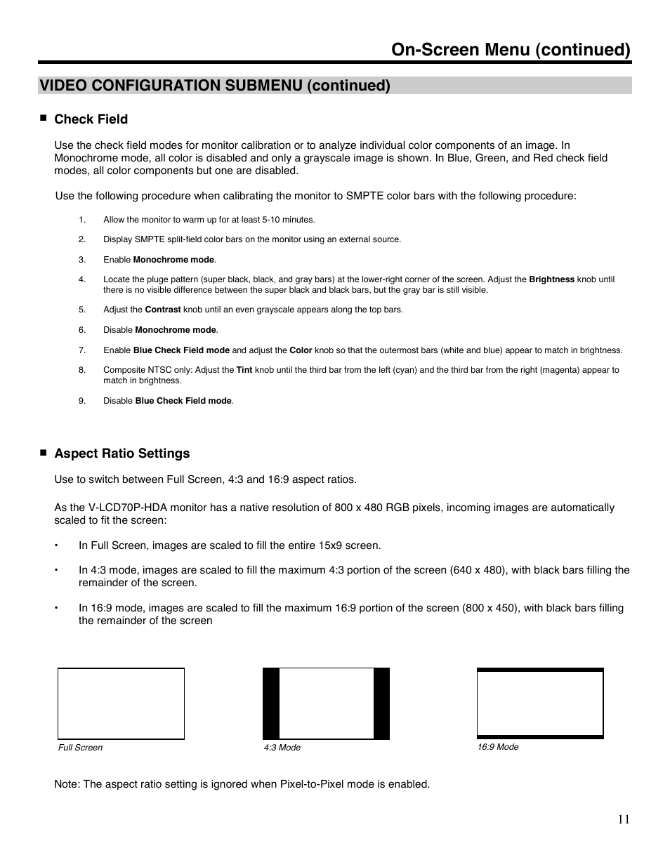 On-screen menu (continued), Video configuration submenu (continued), Check field | Aspect ratio settings | Marshall electronic V-LCD70P-HDA User Manual | Page 11 / 20