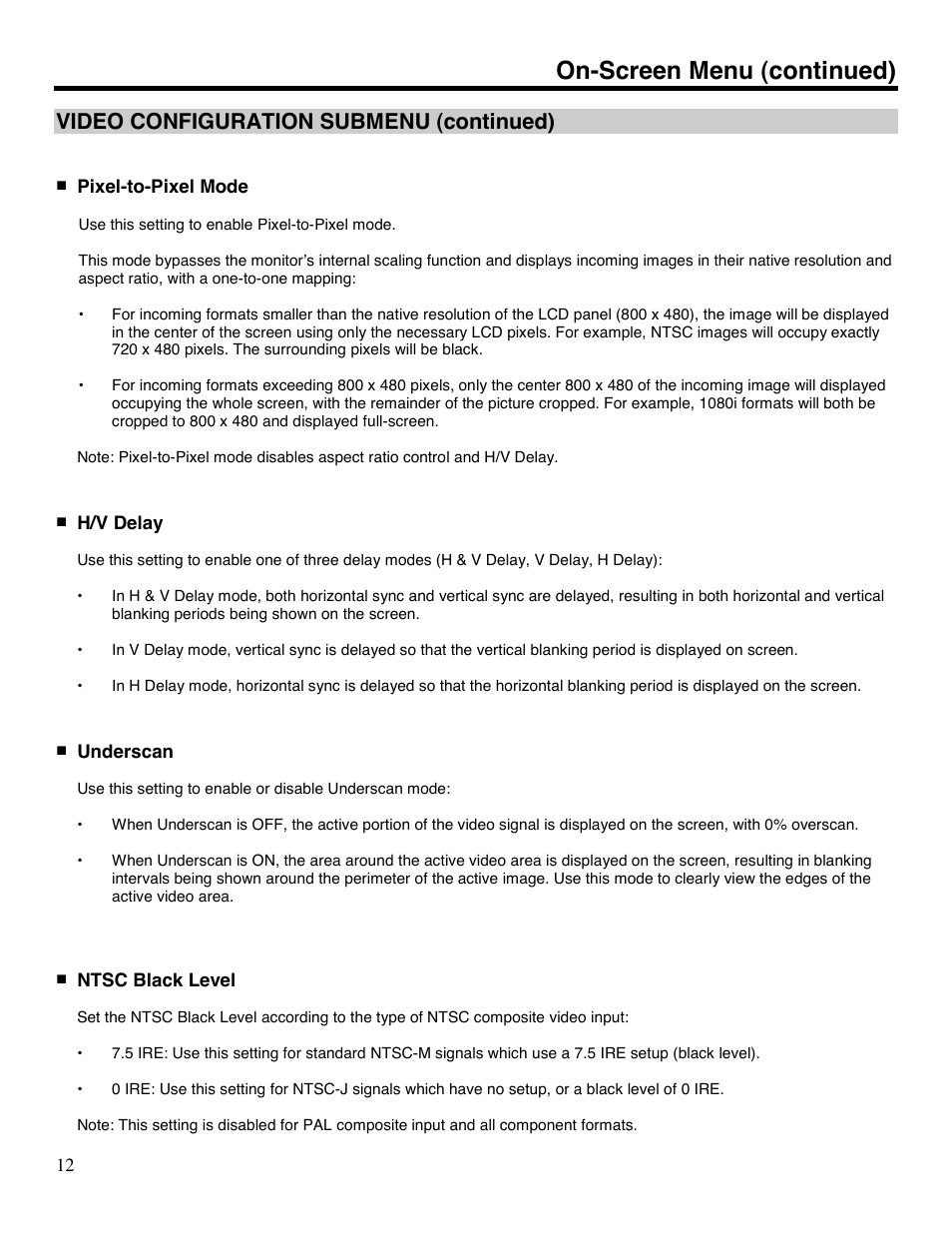 On-screen menu (continued), Video configuration submenu (continued) | Marshall electronic V-LCD70P-HDA User Manual | Page 12 / 20