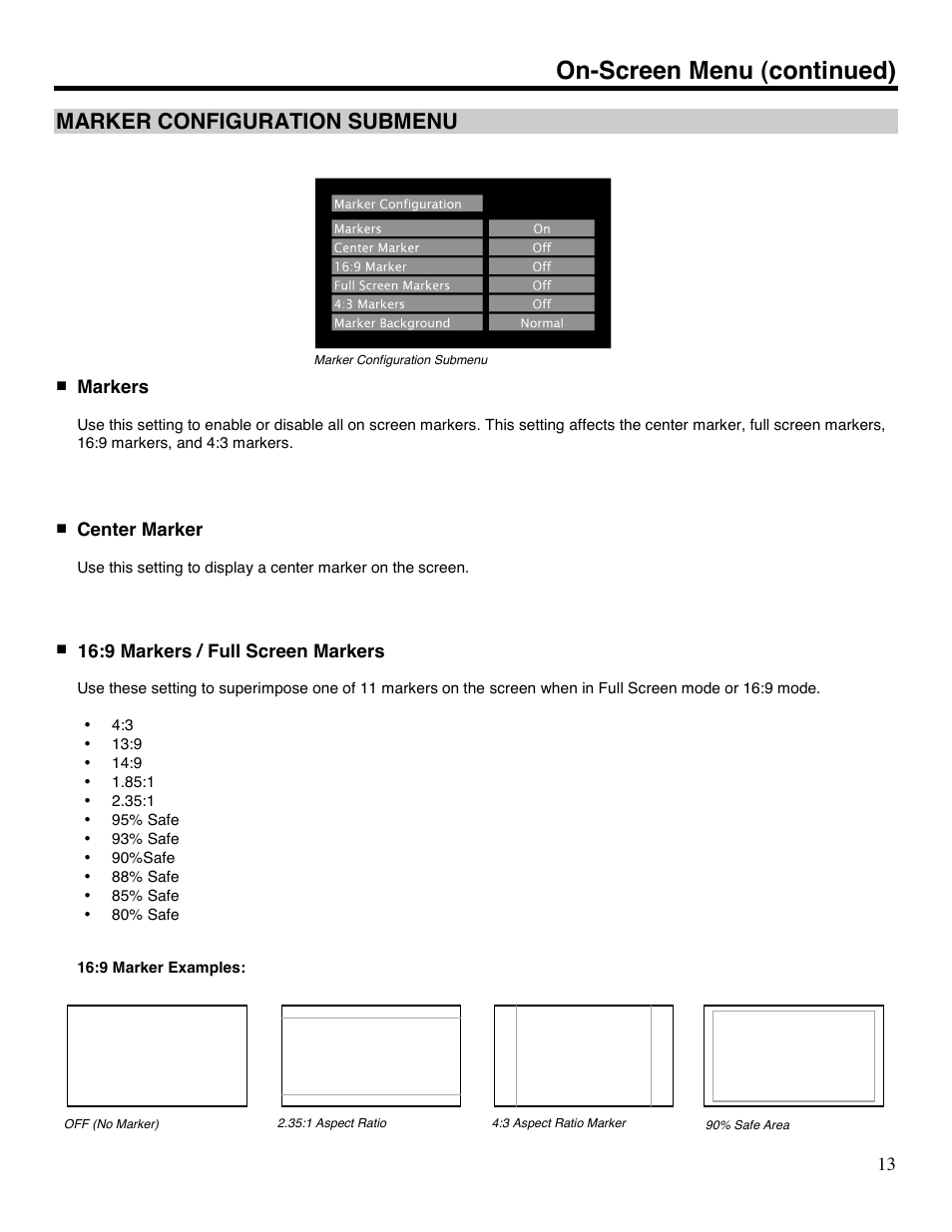 On-screen menu (continued), Marker configuration submenu | Marshall electronic V-LCD70P-HDA User Manual | Page 13 / 20