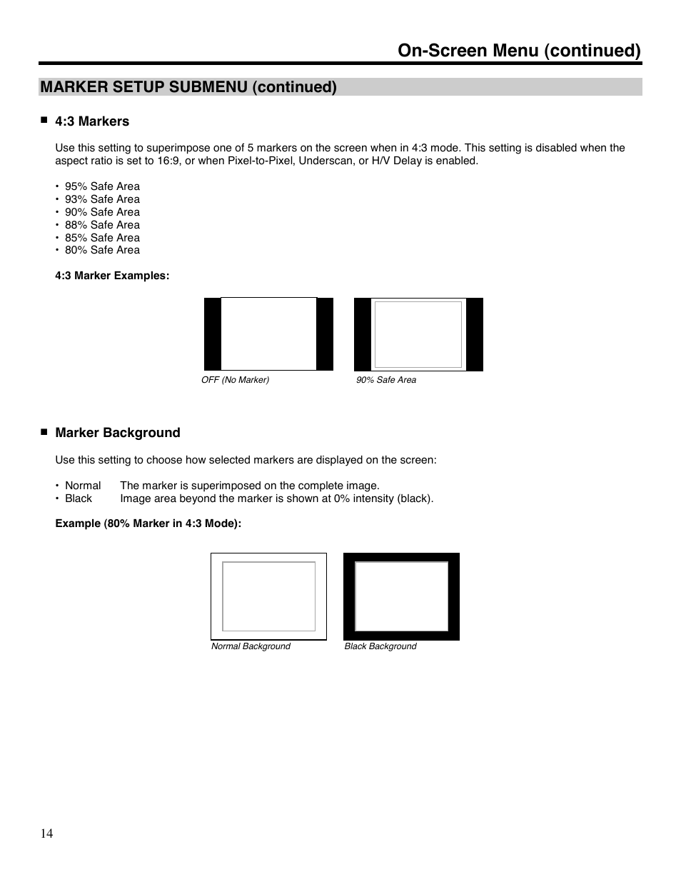 On-screen menu (continued), Marker setup submenu (continued) | Marshall electronic V-LCD70P-HDA User Manual | Page 14 / 20