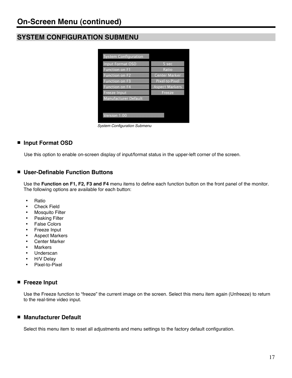 On-screen menu (continued), System configuration submenu | Marshall electronic V-LCD70P-HDA User Manual | Page 17 / 20