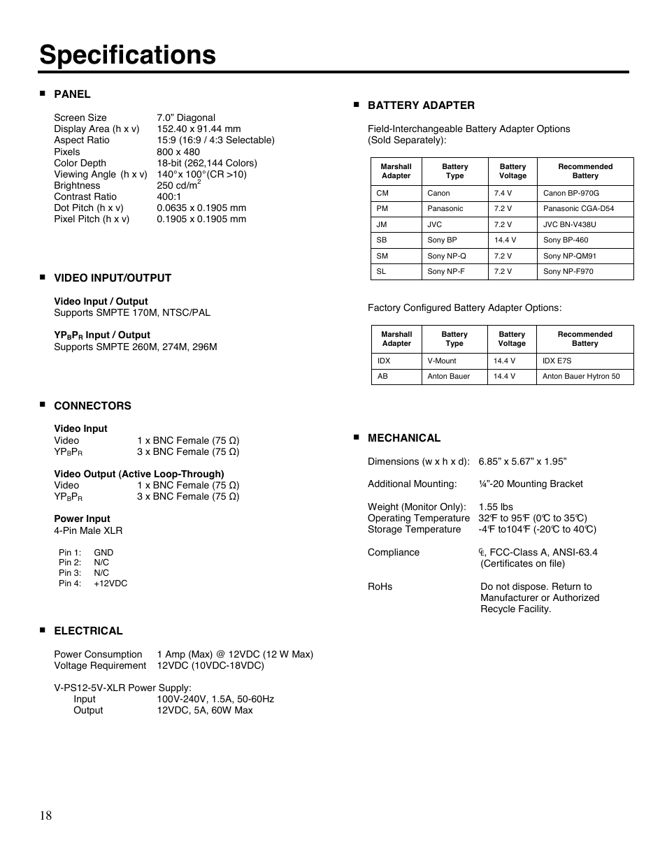 Specifications | Marshall electronic V-LCD70P-HDA User Manual | Page 18 / 20