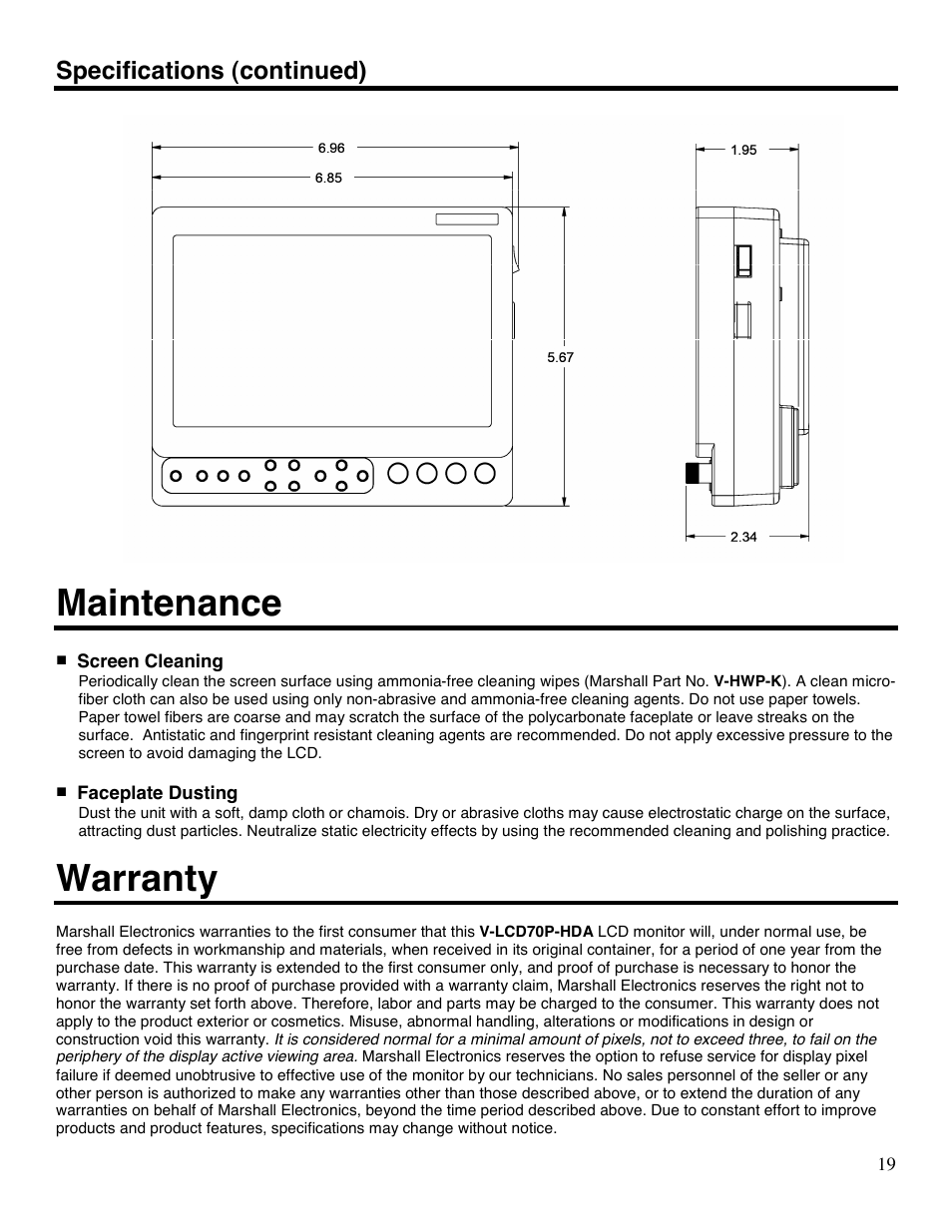 Maintenance, Warranty | Marshall electronic V-LCD70P-HDA User Manual | Page 19 / 20