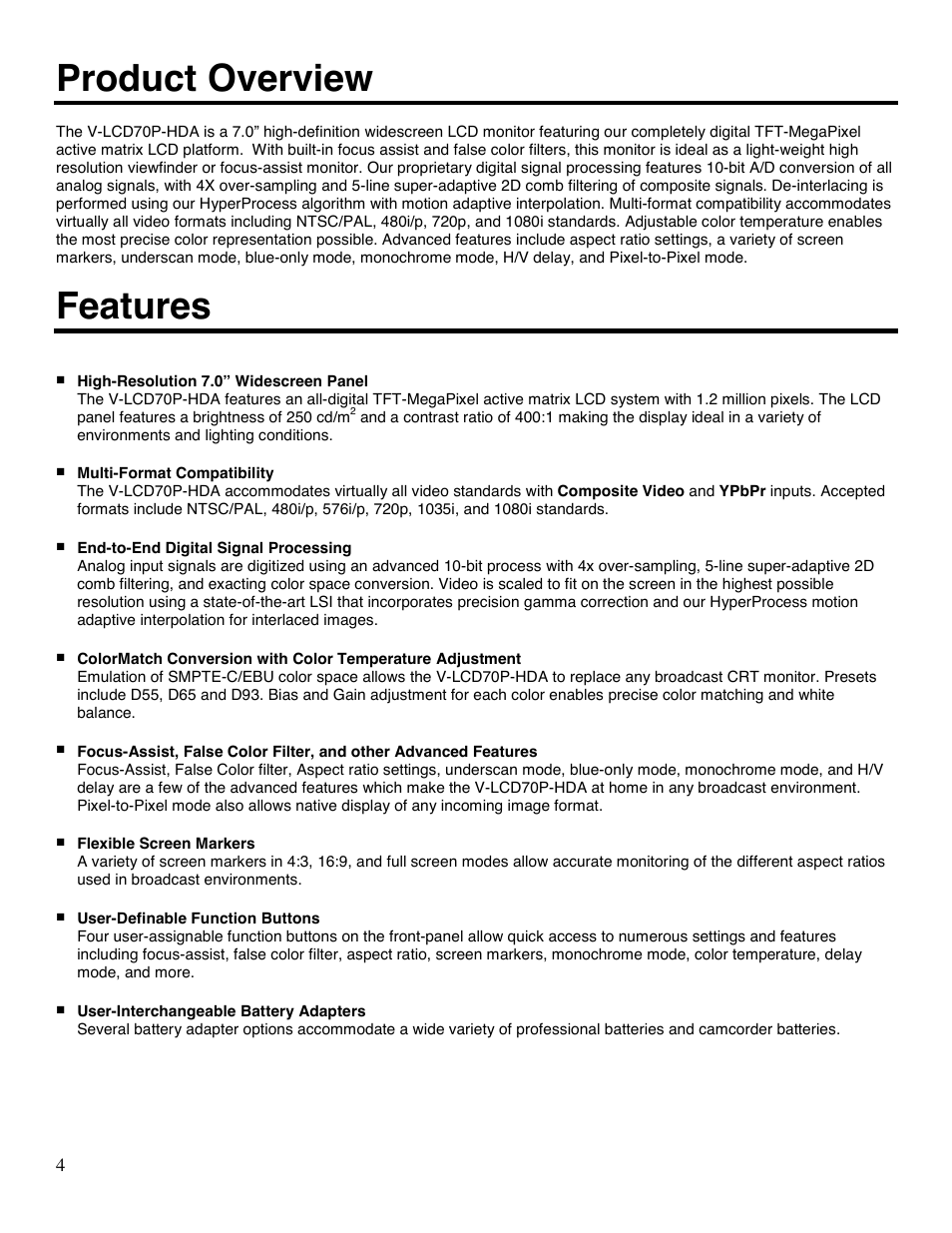 Product overview, Features | Marshall electronic V-LCD70P-HDA User Manual | Page 4 / 20