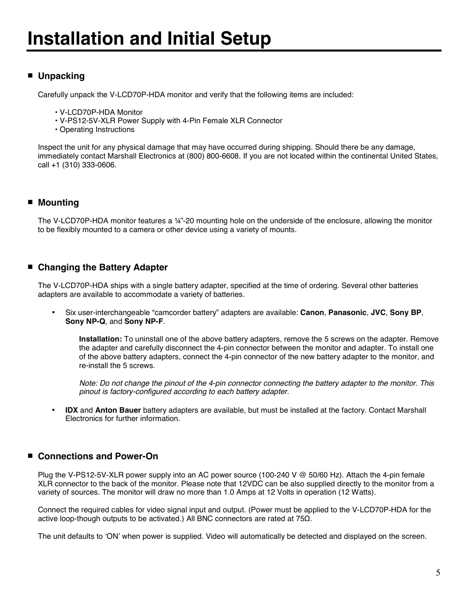 Installation and initial setup | Marshall electronic V-LCD70P-HDA User Manual | Page 5 / 20