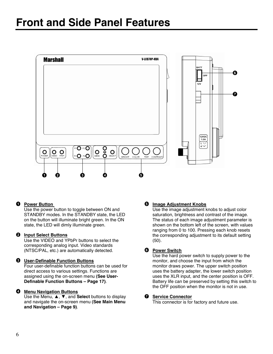 Front and side panel features | Marshall electronic V-LCD70P-HDA User Manual | Page 6 / 20