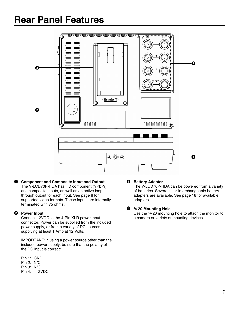 Rear panel features | Marshall electronic V-LCD70P-HDA User Manual | Page 7 / 20