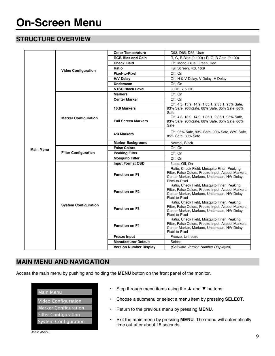 On-screen menu, Structure overview, Main menu and navigation | Marshall electronic V-LCD70P-HDA User Manual | Page 9 / 20