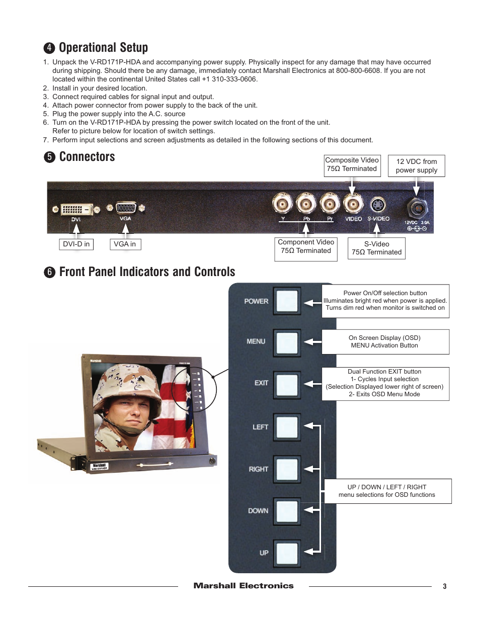 Operational setup, Connectors, Front panel indicators and controls | Marshall electronic V-RD171P-HDA User Manual | Page 3 / 4