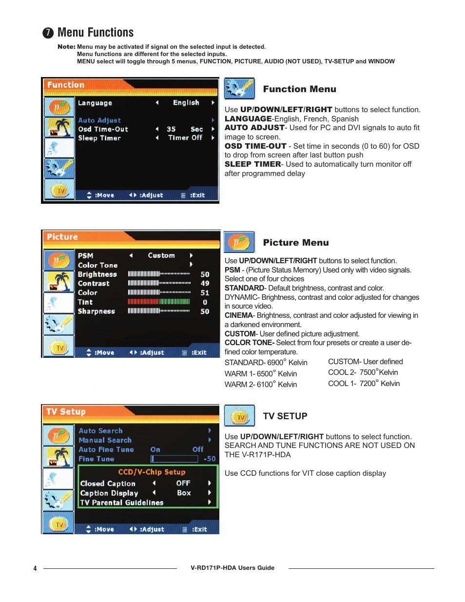 Menu functions | Marshall electronic V-RD171P-HDA User Manual | Page 4 / 4
