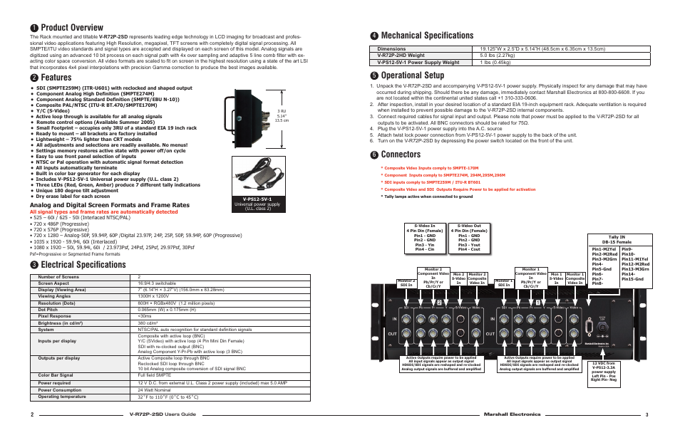 Product overview, Features, Electrical specifications | Mechanical specifications, Operational setup, Connectors, Analog and digital screen formats and frame rates | Marshall electronic V-R72P-2SD User Manual | Page 2 / 2