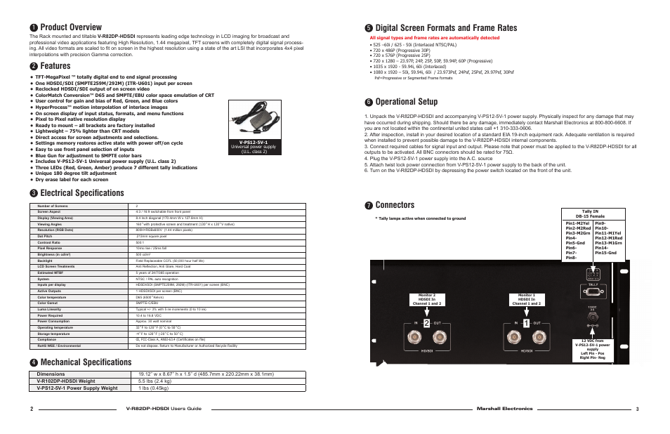 Product overview, Features, Electrical specifications | Mechanical specifications, Operational setup, Connectors, Digital screen formats and frame rates | Marshall electronic V-R82DP-HDSDI User Manual | Page 2 / 2