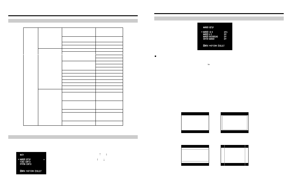 On-screen menu, On-screen menu (continued), Structure overview main menu and navigation | Marker setup submenu, 9 markers | Marshall electronic V-LCD15SB-AFHD-DT User Manual | Page 8 / 8