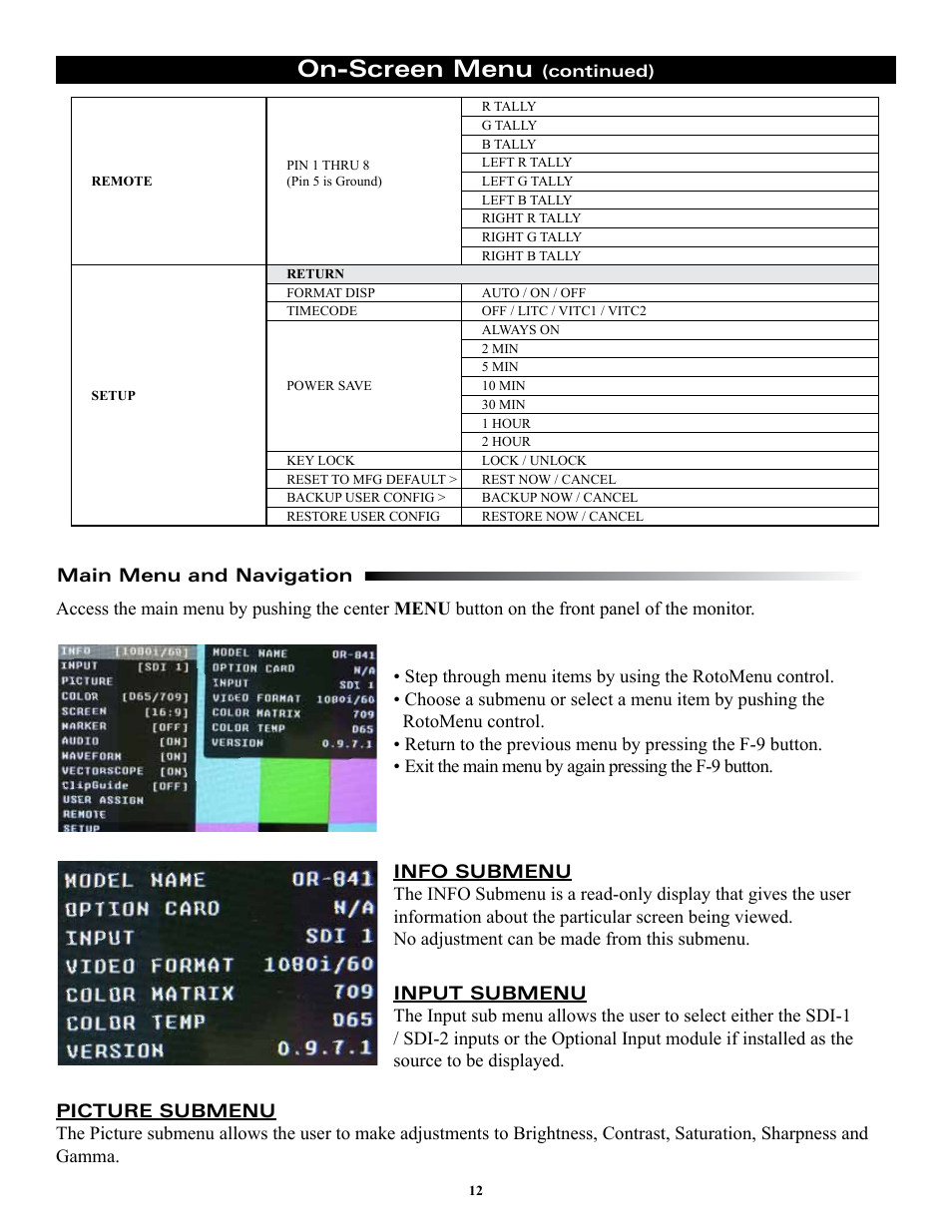 On-screen menu | Marshall electronic ORCHID OR-841-HDSDI User Manual | Page 12 / 24