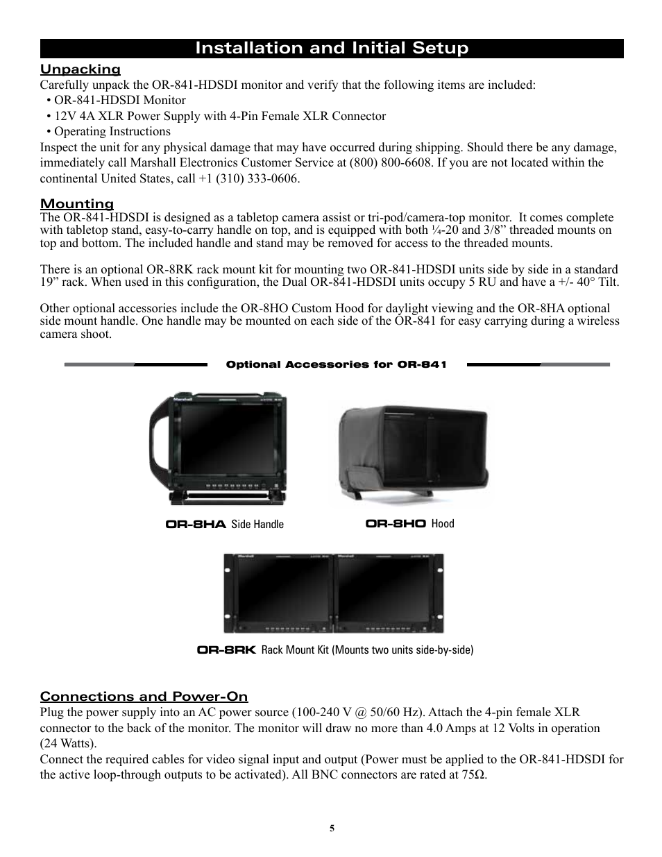 Installation and initial setup | Marshall electronic ORCHID OR-841-HDSDI User Manual | Page 5 / 24