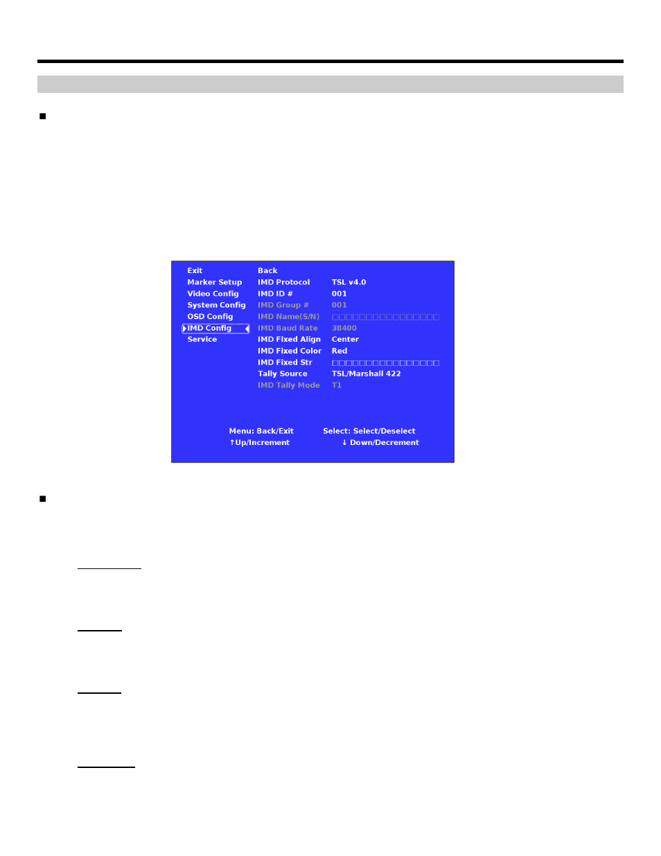 On-screen menu (continued), Imd configuration submenu | Marshall electronic V-R231-IMD-HDSDI User Manual | Page 18 / 23