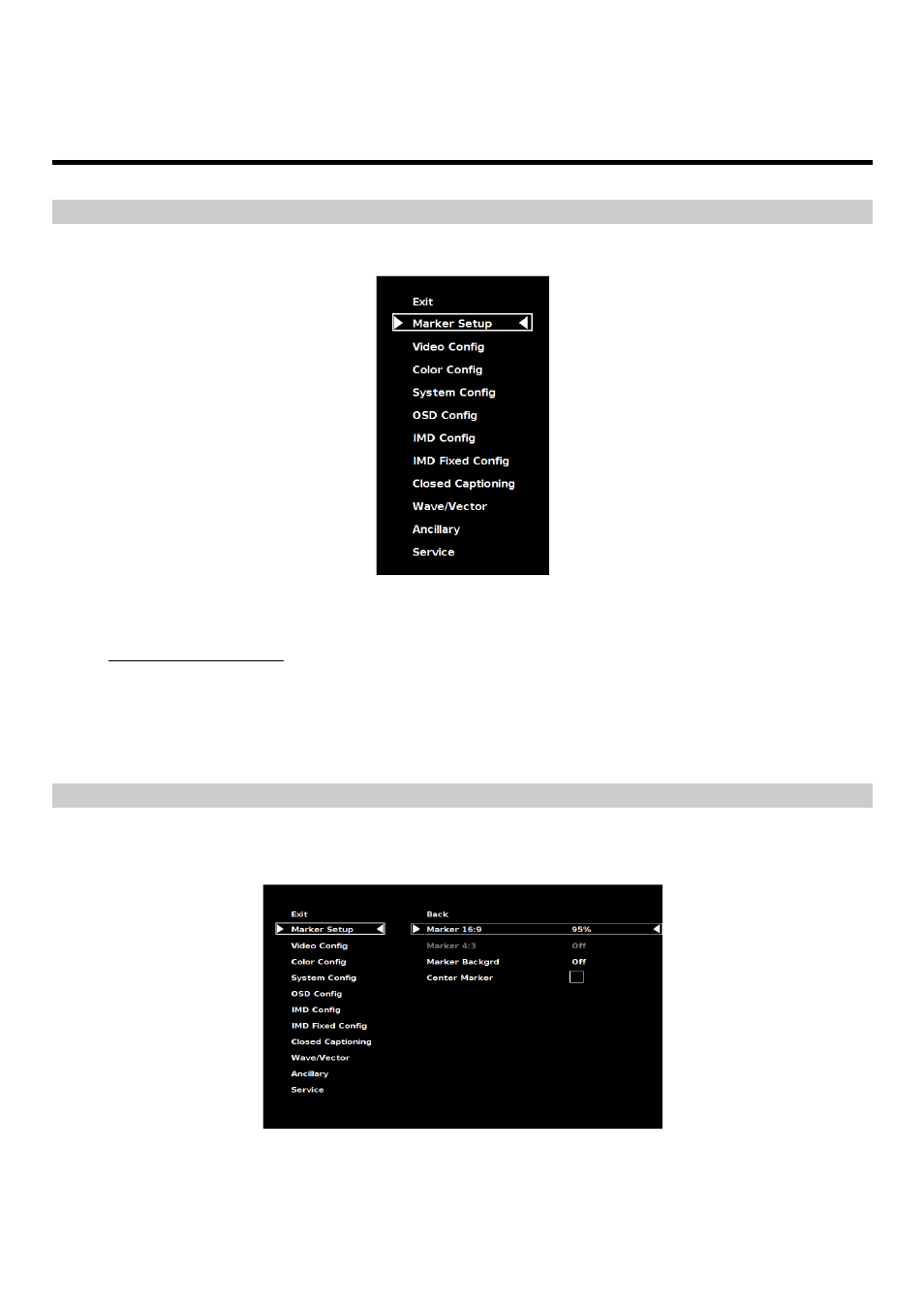 On-screen menu (continued), Main menu and navigation, Marker setup submenu | Marshall electronic V-R241-DLW User Manual | Page 12 / 36