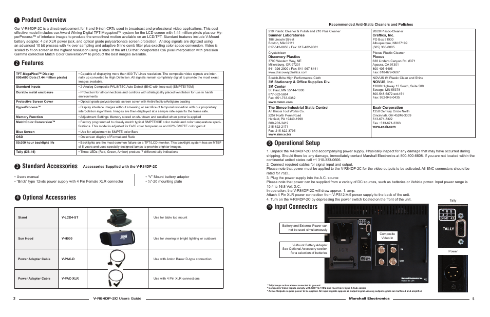 Product overview, Features, Optional accessories | Standard accessories, Operational setup, Input connectors | Marshall electronic V-R84DP-2C User Manual | Page 2 / 4