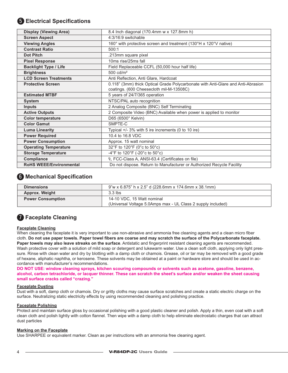 Electrical speciﬁ cations, Mechanical speciﬁ cation, Faceplate cleaning | Marshall electronic V-R84DP-2C User Manual | Page 4 / 4