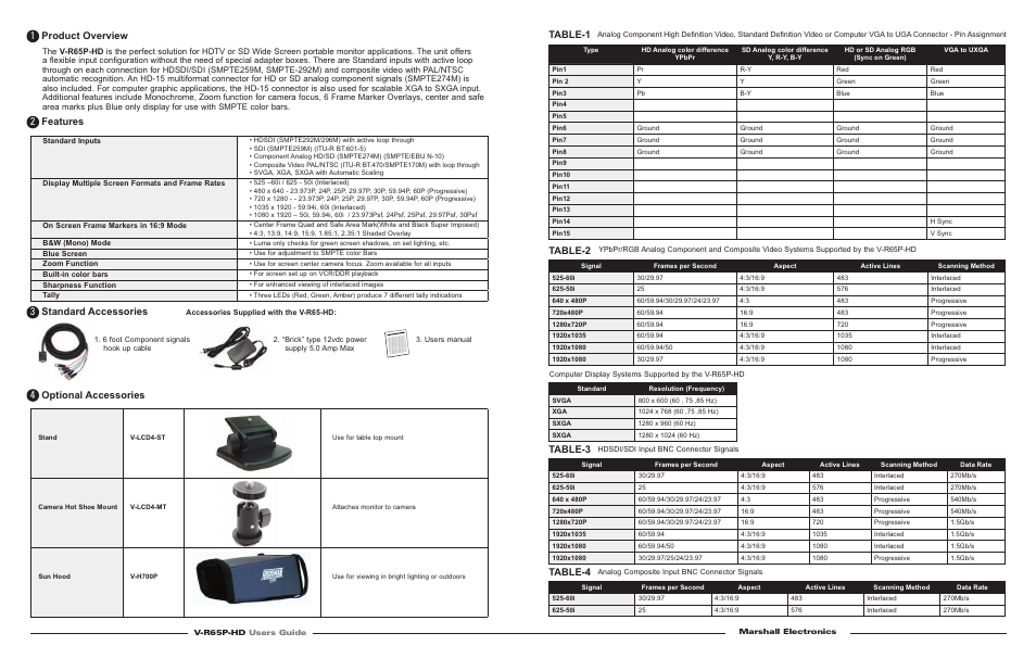 Product overview, Features, Standard accessories | Optional accessories, Table-1, Table-2, Table-3, Table-4 | Marshall electronic V-R65P-HD User Manual | Page 2 / 4