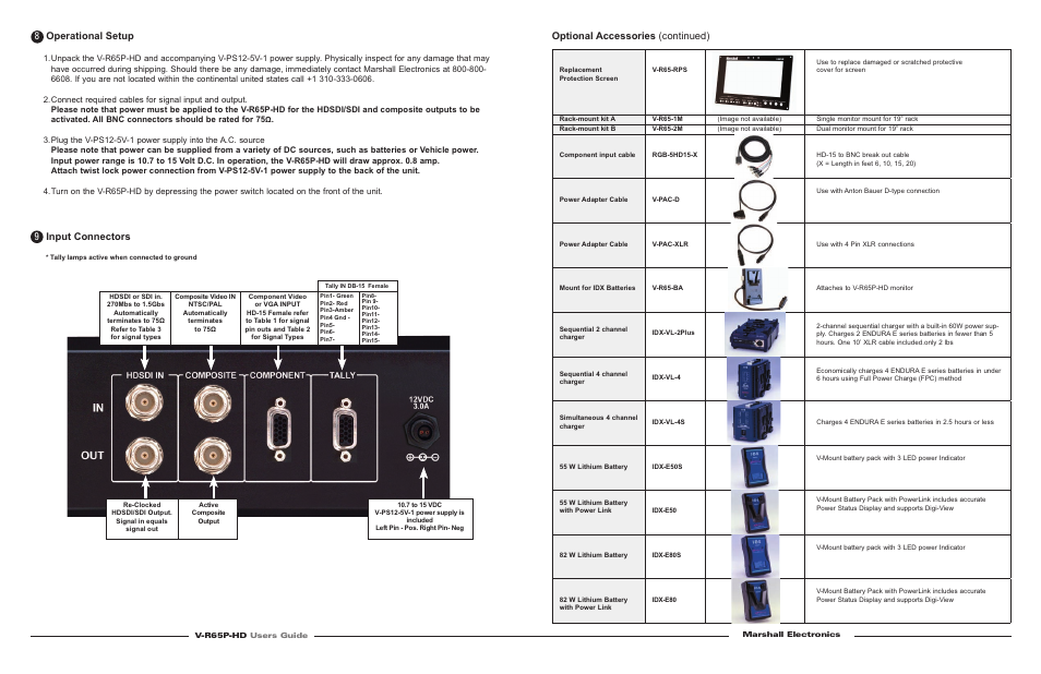 Optional accessories (continued), Operational setup, Input connectors | Marshall electronic V-R65P-HD User Manual | Page 3 / 4