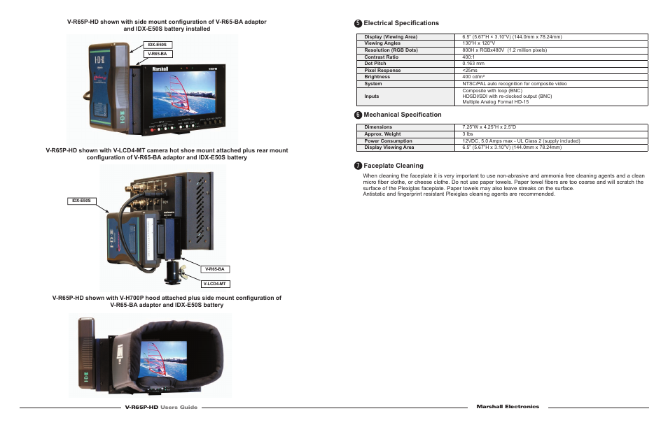 Electrical speciﬁ cations, Mechanical speciﬁ cation, Faceplate cleaning | Marshall electronic V-R65P-HD User Manual | Page 4 / 4