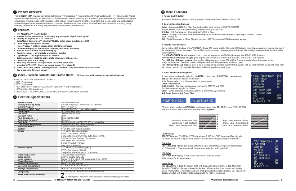 Product overview, Features, Electrical specifications | Video - screen formats and frame rates, Menu functions | Marshall electronic V-R82DP-HDA User Manual | Page 2 / 4