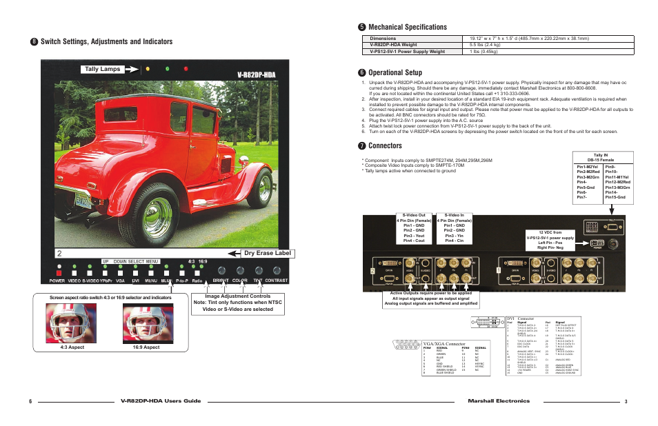 Operational setup, Connectors, Mechanical specifications | Switch settings, adjustments and indicators, Dry erase label, Tally lamps, V-r82dp-hd users guide marshall electronics, V-r82dp-hda users guide marshall electronics, Vga/xga connector | Marshall electronic V-R82DP-HDA User Manual | Page 3 / 4