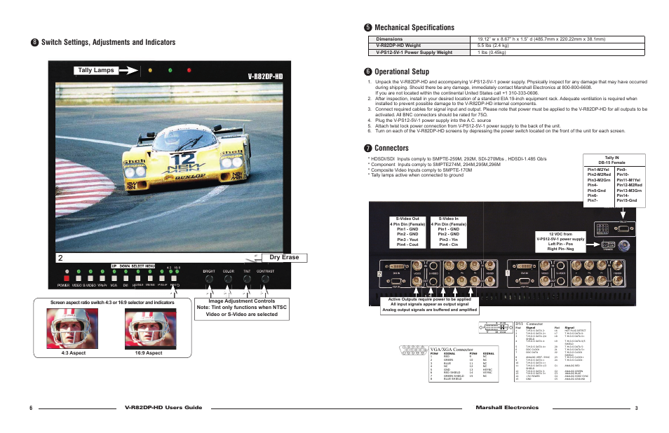 Operational setup, Connectors, Mechanical specifications | Switch settings, adjustments and indicators, Dry erase, Tally lamps, V-r82dp-hd users guide marshall electronics, Vga/xga connector | Marshall electronic V-R82DP-HD User Manual | Page 2 / 4