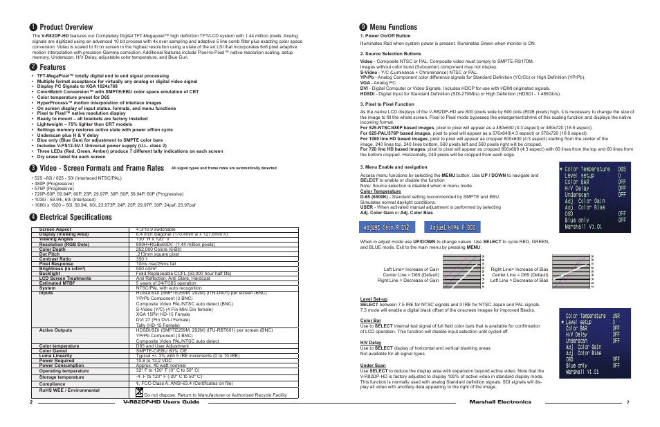 Product overview, Features, Electrical specifications | Video - screen formats and frame rates, Menu functions | Marshall electronic V-R82DP-HD User Manual | Page 4 / 4