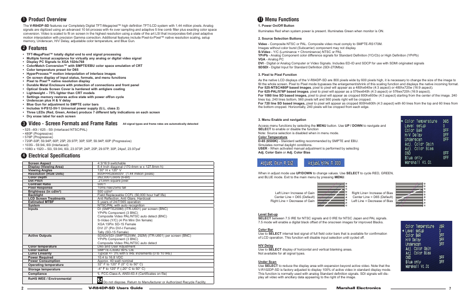 Product overview, Features, Electrical specifications | Video - screen formats and frame rates, Menu functions | Marshall electronic 8.4-inch TFT/LCD Monitor V-R84DP-SD User Manual | Page 2 / 4