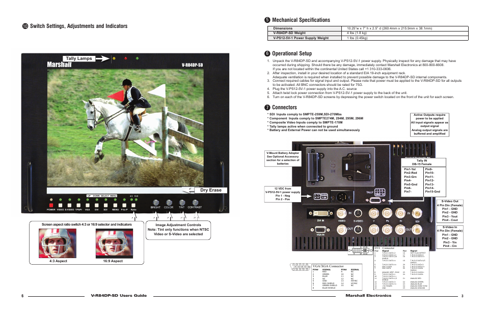 Operational setup, Connectors, Mechanical specifications | Switch settings, adjustments and indicators, Dry erase, Tally lamps, V-r82dp-hd users guide marshall electronics, V-r84dp-sd users guide marshall electronics, Vga/xga connector | Marshall electronic 8.4-inch TFT/LCD Monitor V-R84DP-SD User Manual | Page 3 / 4