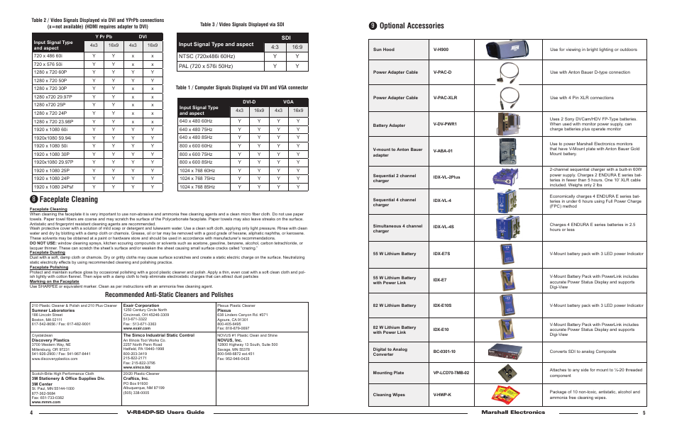 Optional accessories, Faceplate cleaning, Recommended anti-static cleaners and polishes | Marshall electronic 8.4-inch TFT/LCD Monitor V-R84DP-SD User Manual | Page 4 / 4