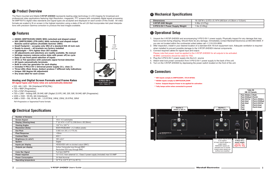 Product overview, Features, Electrical specifications | Mechanical specifications, Operational setup, Connectors, Analog and digital screen formats and frame rates | Marshall electronic V-R72P-2HDSDI User Manual | Page 2 / 2