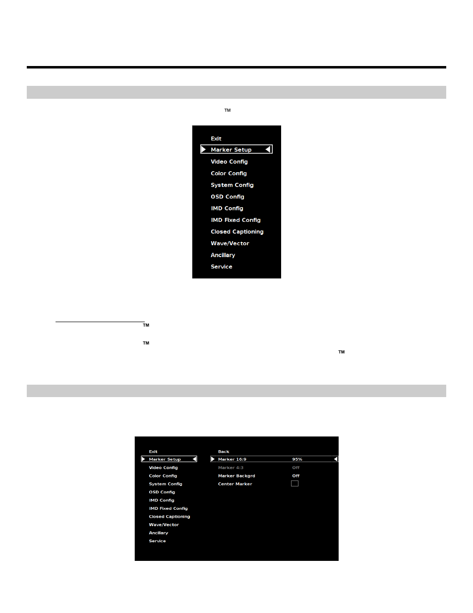 On-screen menu (continued), Main menu and navigation, Marker setup submenu | Marshall electronic V-R261-DLW User Manual | Page 12 / 36