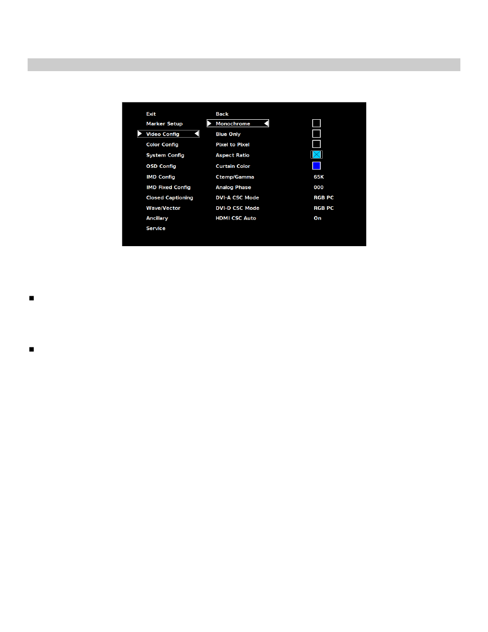 Video config submenu, Monochrome mode, Blue-only mode | Marshall electronic V-R261-DLW User Manual | Page 15 / 36