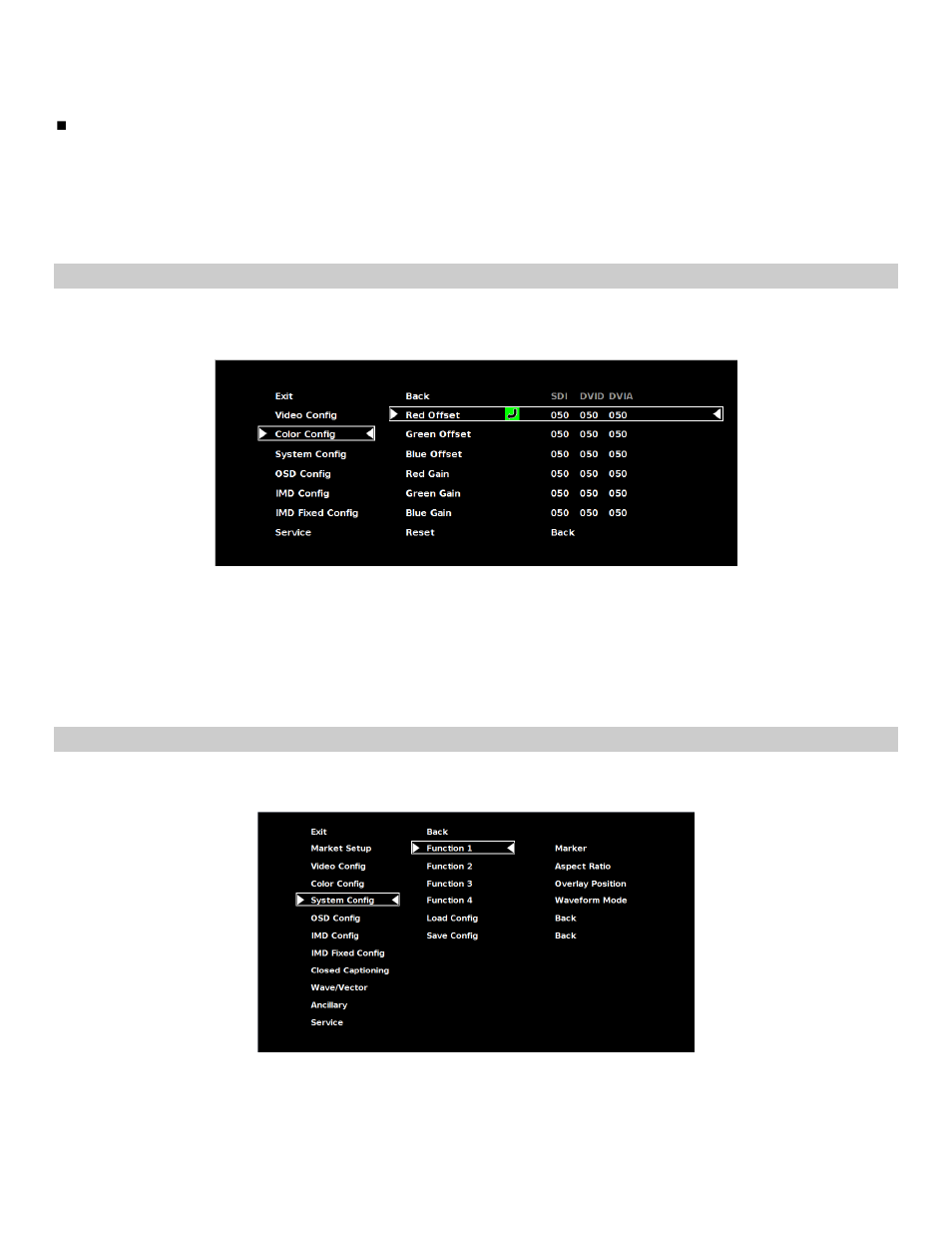 Color config submenu, System config submenu | Marshall electronic V-R261-DLW User Manual | Page 18 / 36