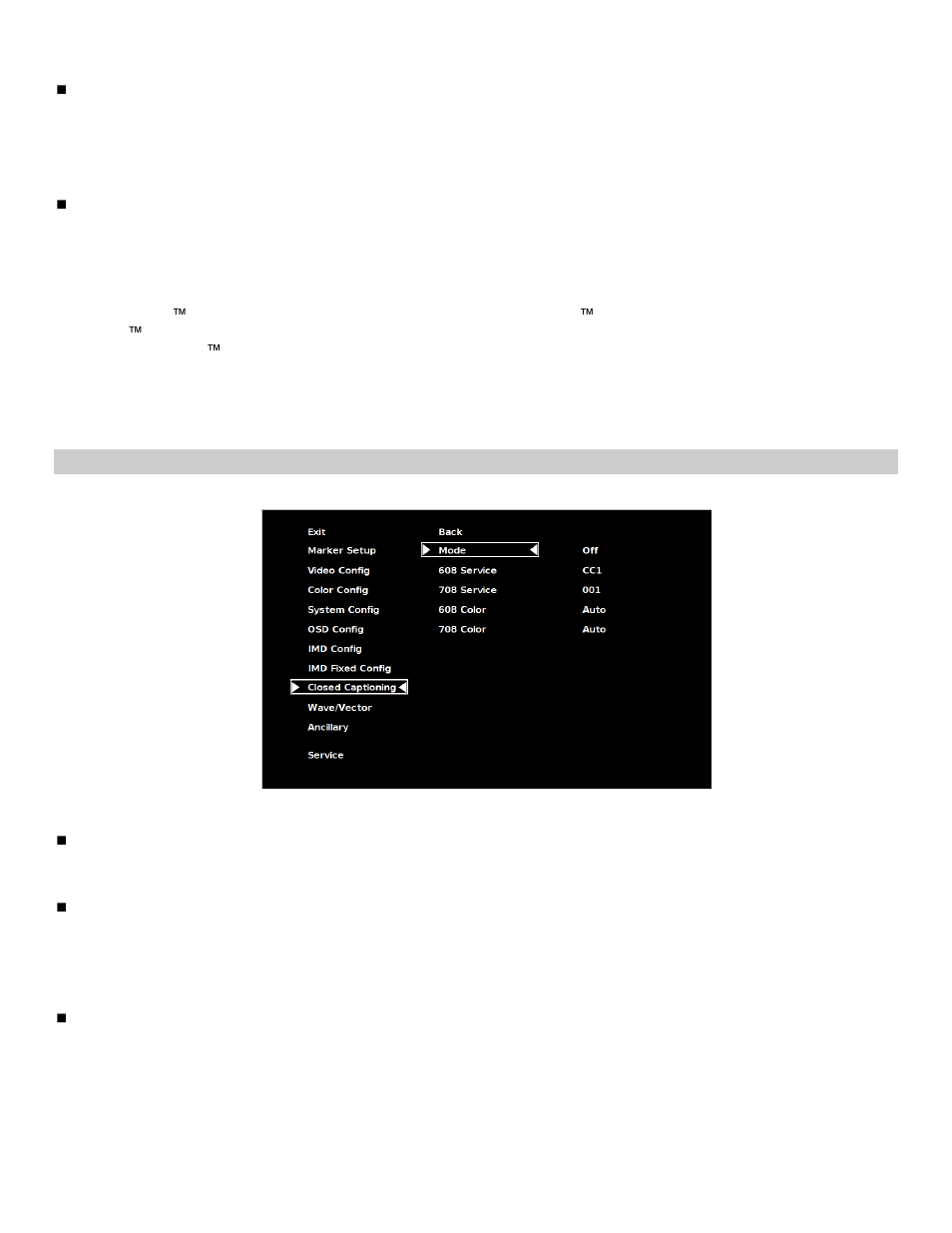 Closed captioning submenu | Marshall electronic V-R261-DLW User Manual | Page 26 / 36