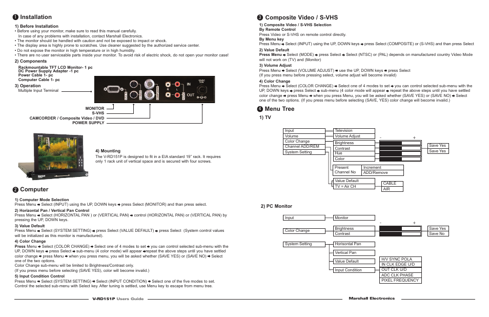 Installation, Computer, Composite video / s-vhs | Menu tree | Marshall electronic V-RD151PV User Manual | Page 2 / 2