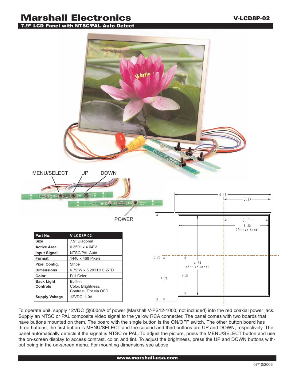 Marshall electronic V-LCD8P-02 User Manual | 1 page