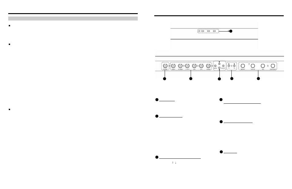 Front panel features, On-screen menu (continued), Video configuration submenu (continued) | Monochrome mode, Blue-only mode, Pixel-to-pixel mode | Marshall electronic SD/HD Widescreen LCD Monitor V-R201P-AFHD User Manual | Page 5 / 8