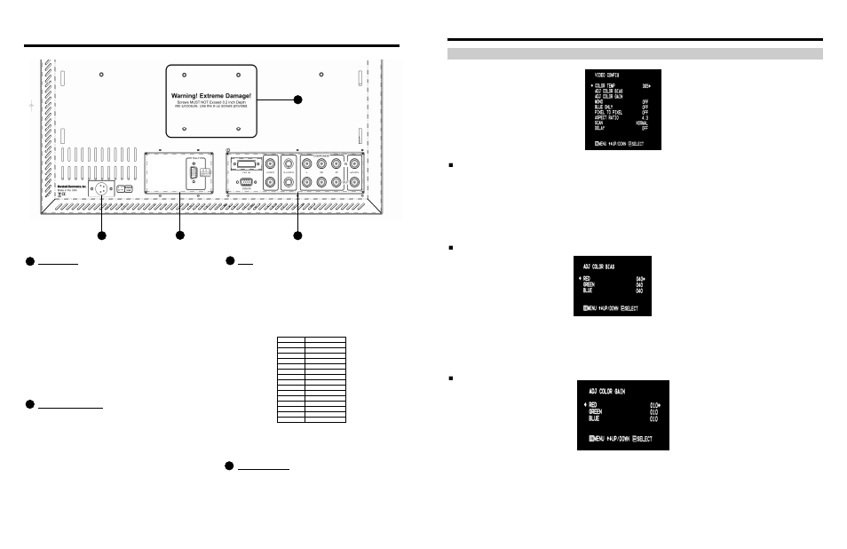 Rear panel features, On-screen menu (continued), Video configuration submenu | Color temperature presets, Adjusting color bias, Adjusting color gain | Marshall electronic SD/HD Widescreen LCD Monitor V-R201P-AFHD User Manual | Page 6 / 8