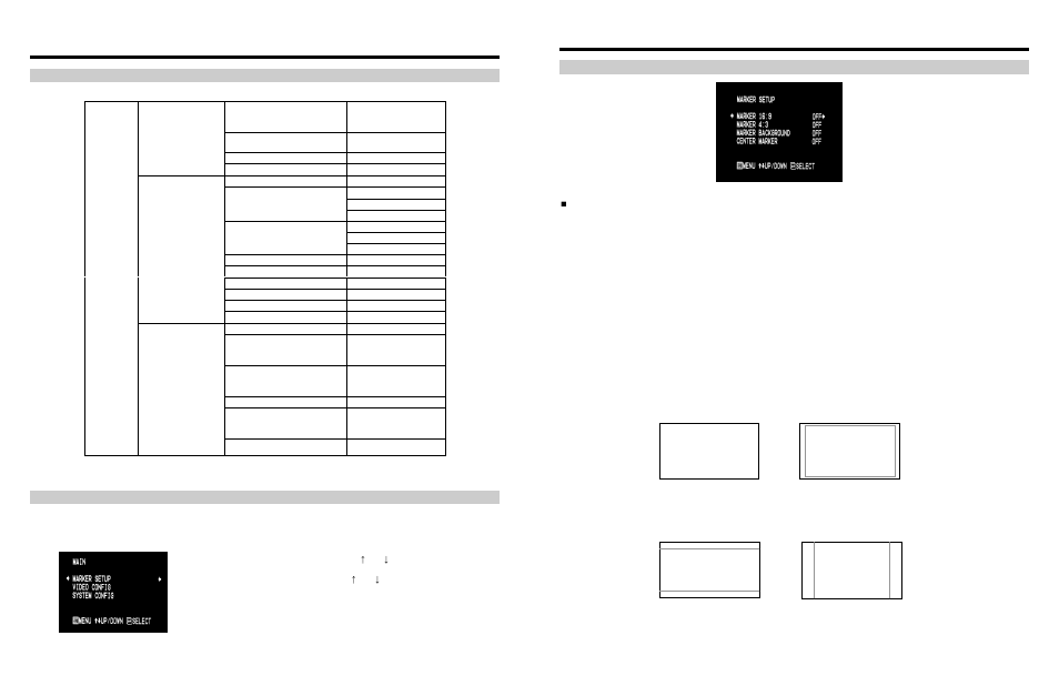 On-screen menu, On-screen menu (continued), Structure overview main menu and navigation | Marker setup submenu, 9 markers | Marshall electronic SD/HD Widescreen LCD Monitor V-R201P-AFHD User Manual | Page 8 / 8