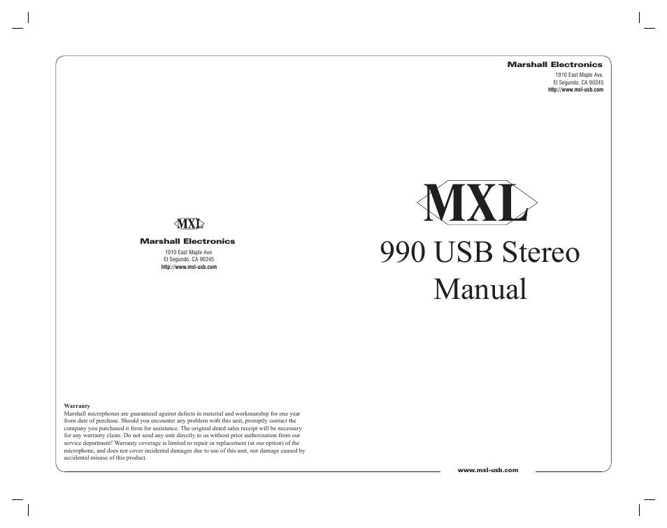 MXL 990 USB Stereo User Manual | 6 pages