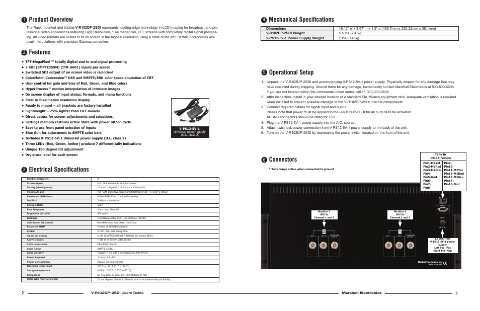 Product overview, Features, Electrical specifications | Mechanical specifications, Operational setup, Connectors | Marshall electronic Dual 10.4-inch LCD Rack Mounted Monitor V-R102DP-2SDI User Manual | Page 2 / 2