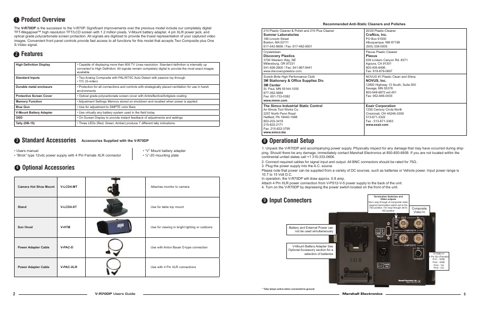 Product overview, Features, Optional accessories | Standard accessories, Operational setup, Input connectors | Marshall electronic V-R70DP User Manual | Page 2 / 4