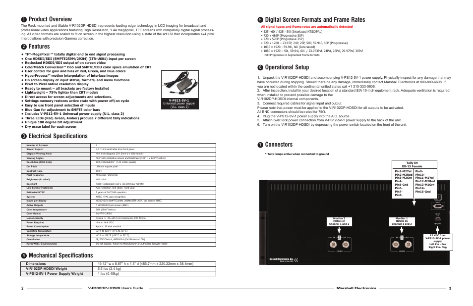 Product overview, Features, Electrical specifications | Mechanical specifications, Operational setup, Connectors, Digital screen formats and frame rates | Marshall electronic V-R102DP-HDSDI User Manual | Page 2 / 2