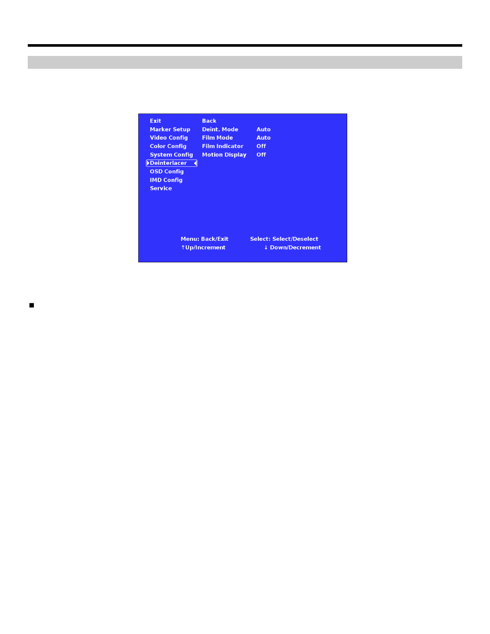 On-screen menu (continued), Deinterlacer submenu | Marshall electronic V-R653SB-IMD User Manual | Page 17 / 28