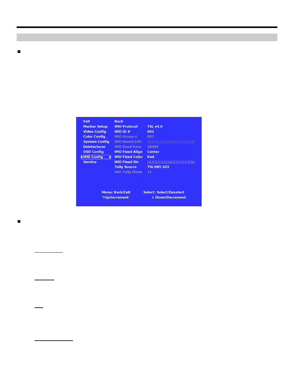 On-screen menu (continued), Imd configuration submenu | Marshall electronic V-R653SB-IMD User Manual | Page 22 / 28