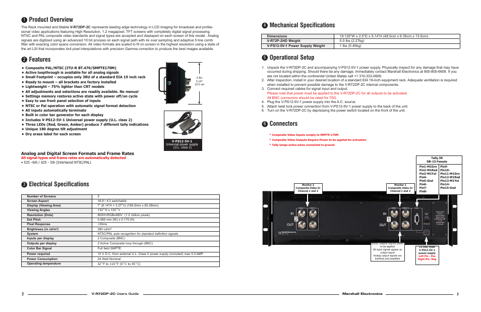 Product overview, Features, Electrical specifications | Mechanical specifications, Operational setup, Connectors, Analog and digital screen formats and frame rates | Marshall electronic V-R72DP-2C User Manual | Page 2 / 2